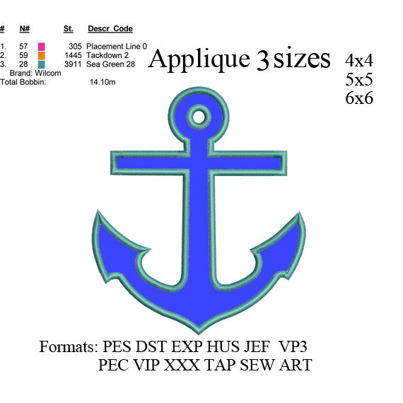 Anchor applique embroidery machine, embroidery pattern, embroidery designs,N426.. 3 sizes  instant download