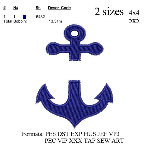 Anchor embroidery machine, Anchor embroidery pattern, Split anchor embroidery designs N 435 ...2 sizes  instant download