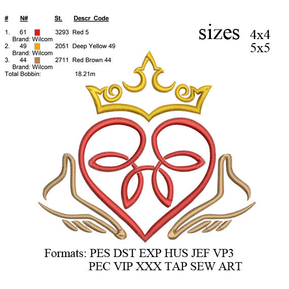 Celtic Claddagh embroidery machine,celtic embroidery pattern,embroidery designs,N445 instant download 2 sizes