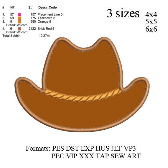 Cowboy hat applique embroidery Designs, Hat embroidery pattern N511