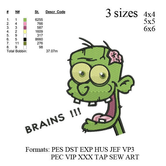 Zombie head embroidery Design, Zombie embroidery pattern, INSTANT download machine embroidery pattern No 520... 3 sizes: