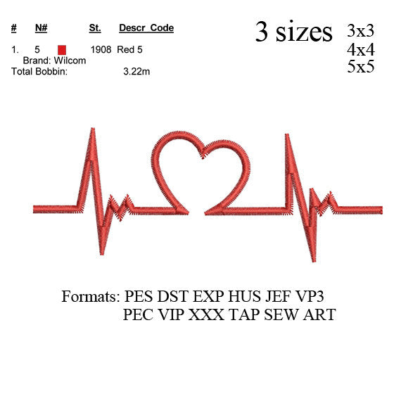 Heartbeat EKG ECG embroidery machine. embroidery pattern . embroidery designs No: 476