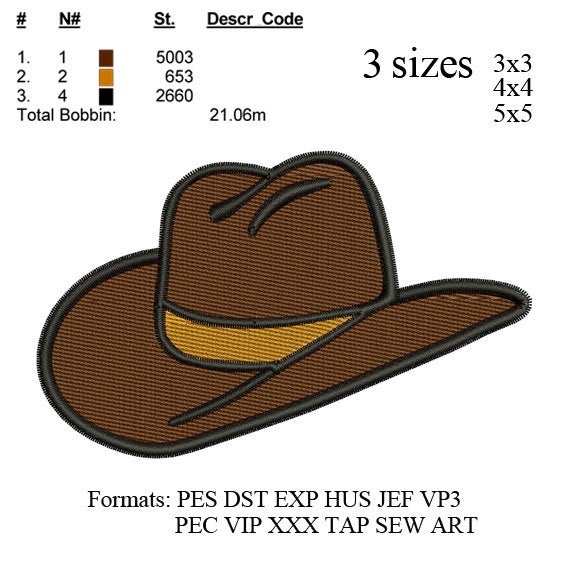 Cowboy hat embroidery Designs, Hat embroidery pattern N507
