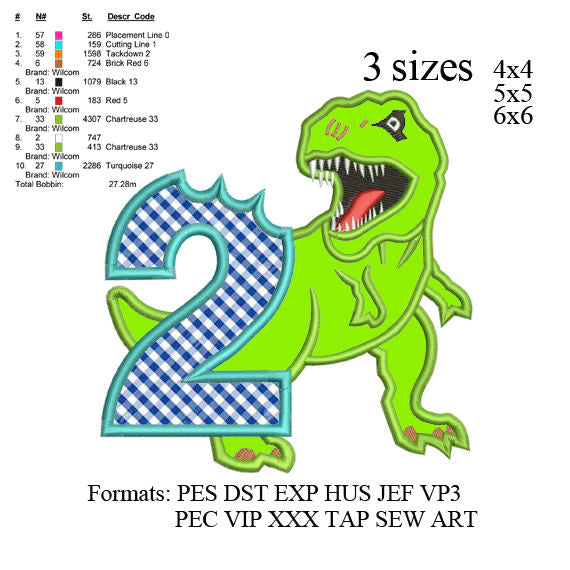 Scary T-rex Dinosaur Applique second birthday Embroidery Design,Dinosaur embroidery pattern No 576 ... 3 sizes