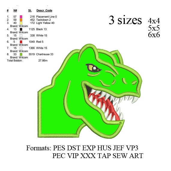 Scary T-rex Dinosaur face Applique Embroidery Design,Dinosaur embroidery pattern No 578 ... 3 sizes