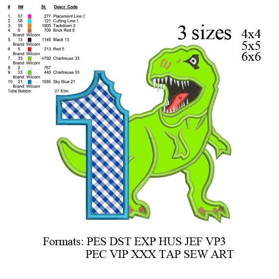 Scary T-rex Dinosaur Applique first birthday Embroidery Design,Dinosaur embroidery pattern No 575 ... 3 sizes
