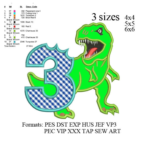 Scary T-rex Dinosaur Applique birthday Embroidery Design,Dinosaur embroidery pattern No 577 ... 3 sizes