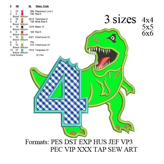 Scary T-rex Dinosaur Applique birthday Embroidery Design,Dinosaur embroidery pattern No 583 ... 3 sizes
