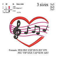 Heart music note embroidery design, Music Note embroidery machine. embroidery pattern . No 588... 3 sizes