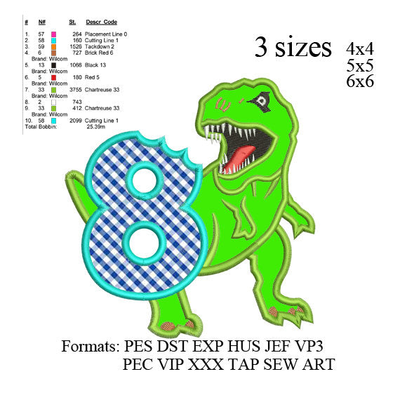 Scary T-rex Dinosaur Applique 8th birthday Embroidery Design,Dinosaur embroidery pattern No 596 ... 3 sizes