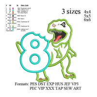 Scary T-rex Dinosaur Applique 8th birthday Embroidery Design,Dinosaur embroidery pattern No 596 ... 3 sizes