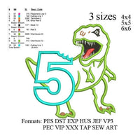 Scary T-rex Dinosaur Applique birthday Embroidery Design number 5 ,Dinosaur embroidery pattern No 591 ... 3 sizes