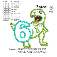 Scary T-rex Dinosaur Applique birthday Embroidery Design 6th birthday ,Dinosaur embroidery pattern No 593 ... 3 sizes