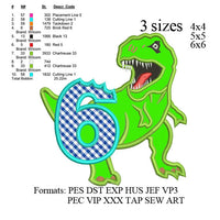 Scary T-rex Dinosaur Applique birthday Embroidery Design 6th birthday ,Dinosaur embroidery pattern No 593 ... 3 sizes