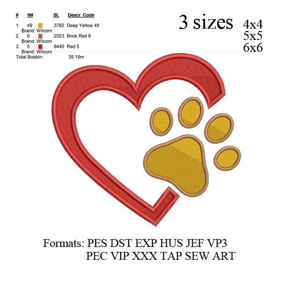 Paw with heart fill stitch embroidery machine, embroidery pattern,embroidery designs, No 615 ... 3 sizes