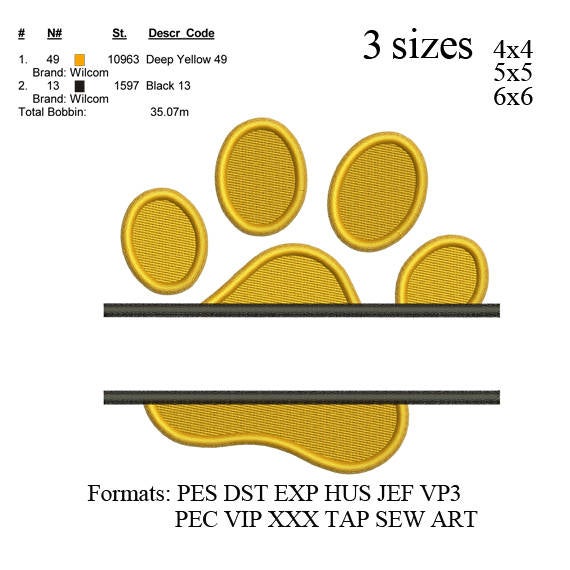 Split Paw Print embroidery machine, embroidery pattern,embroidery designs, No 616 ... 3 sizes