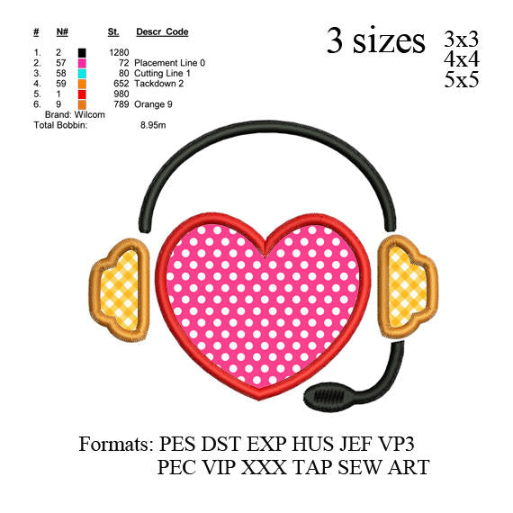 Heart listening to music applique embroidery machine, heart listening to music embroidery pattern, embroidery designs No 632