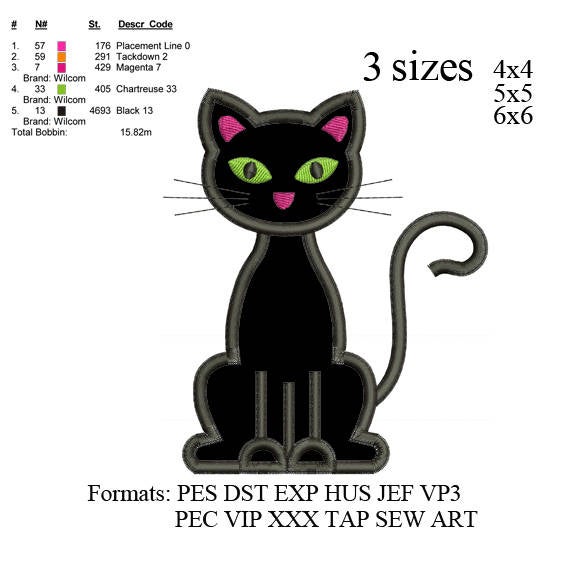 Black Cat Applique embroidery designs, Halloween embroidery pattern, Halloween embroidery designs N612... 3 sizes