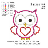 Owl with Heart Applique Embroidery Design,Owl with Heart embroidery pattern No 654 ... 3 sizes