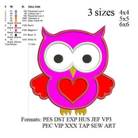 Owl with Heart Applique Embroidery Design,Owl with Heart embroidery pattern No 654 ... 3 sizes