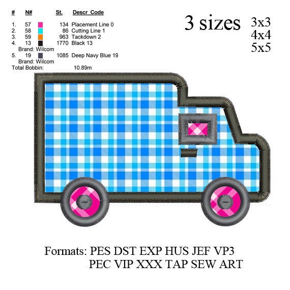 Truck applique Embroidery Design, van applique embroidery pattern No 655 ... 3 sizes