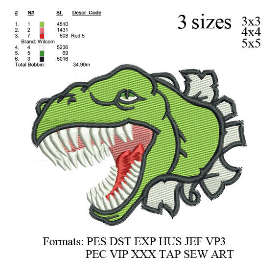 T-rex Dinosaur Embroidery Design,Trex Dinosaur embroidery pattern No 660... 3 sizes
