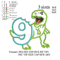 Scary T-rex Dinosaur Applique 9th birthday Embroidery Design,Dinosaur embroidery pattern No 625 ... 3 sizes