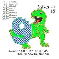 Scary T-rex Dinosaur Applique 9th birthday Embroidery Design,Dinosaur embroidery pattern No 625 ... 3 sizes