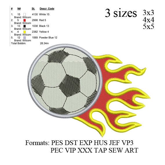 Soccer ball embroidery design, Soccer ball embroidery machine, embroidery pattern No 663 ... 3 sizes