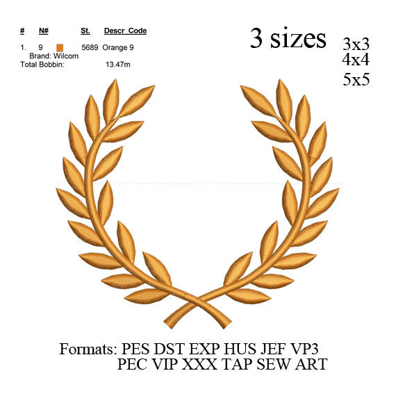 Laurel Wreath  embroidery design, Crown embroidery pattern 3 sizes No 697 , instant download