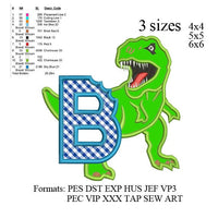 Scary T-rex Dinosaur Applique birthday Embroidery, Dinosaur biting B design No 747 ... 3 sizes