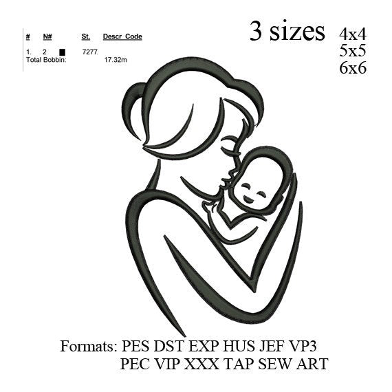 Mother and baby embroidery machine,Mom and baby embroidery pattern,heart embroidery designs No 824....3 sizes