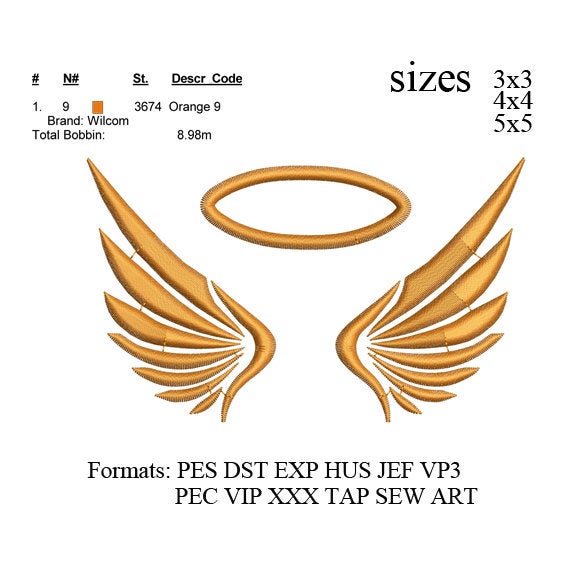 Angel wings embroidery design, Angel embroidery pattern,embroidery angel,embroidery wings No 794 .... 3 sizes