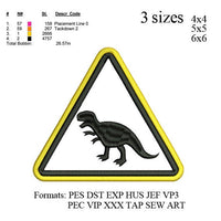 T-Rex dinosaur road sign applique embroidery design,Dinosaur embroidery pattern No 839 ... 3 sizes