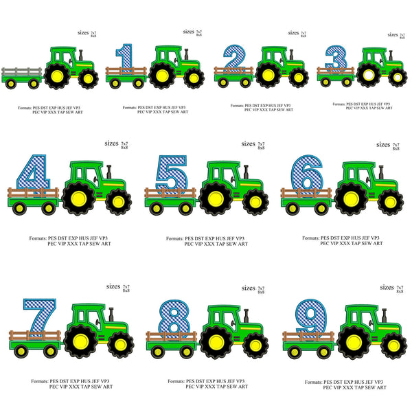 Set of Tracror applique birthday numbers.10 Tractor Applique numbers set embroidery machine, k939 , instant download