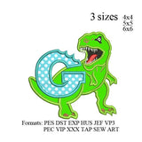 Scary T-rex Dinosaur Applique birthday Embroidery, Dinosaur biting a G design No 969 ... 3 sizes