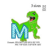 Scary T-rex Dinosaur Applique birthday Embroidery, Dinosaur biting a M design No 1015 ... 3 sizes