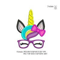 Unicorn face with bow and glasses applique  embroidery design,Unicorn face applique embroidery machine k987 , instant download