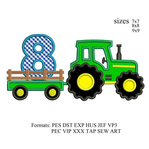 Tractor Applique number 8. 8th birthday embroidery design,Tractor Applique embroidery machine, k937 , instant download