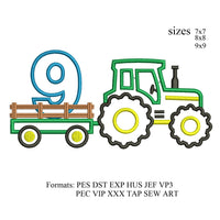 Tractor Applique number 9. 9th birthday embroidery design,Tractor Applique embroidery machine, k938 , instant download