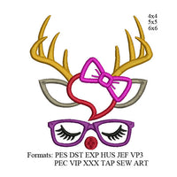 Reindeer face Applique with glasses and bow Embroidery design deer face embroidery pattern k1104 , instant download