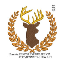 Deer head with Laurel embroidery design, Laurel embroidery machine k1110