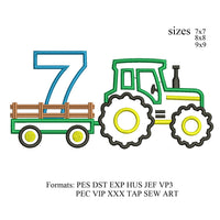 Tractor Applique number 7. 7th birthday embroidery design,Tractor Applique embroidery machine, k936 , instant download