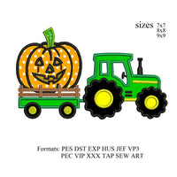 Tractor with Pumpkin applique embroidery design,Halloween Pumpkin applique embroidery machine, k1049