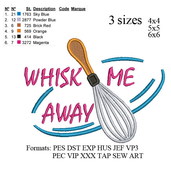 Wire whisk embroidery design, Whisk Me Away Cooking filled embroidery machine, k1056 , instant download