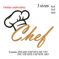 Chef Hat outline with text kitchen chef embroidery design, Chef hat embroidery machine, k1055 , instant download