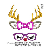 Reindeer face Applique with glasses and bow Embroidery design deer face embroidery pattern k1105 , instant download