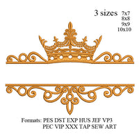 Crown Split name embroidery design, Decorative Calligraphic floral monogram, emblem embroidery design N1166