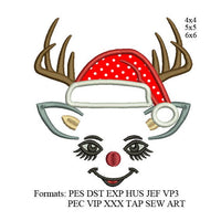 Reindeer face christmas applique embroidery design,deer face with santa hat embroidery machine k1123 , instant download
