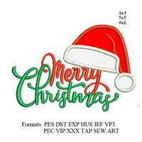 Merry Christmas text with applique Santa hat Embroidery design, embroidery machine, k1144, instant download